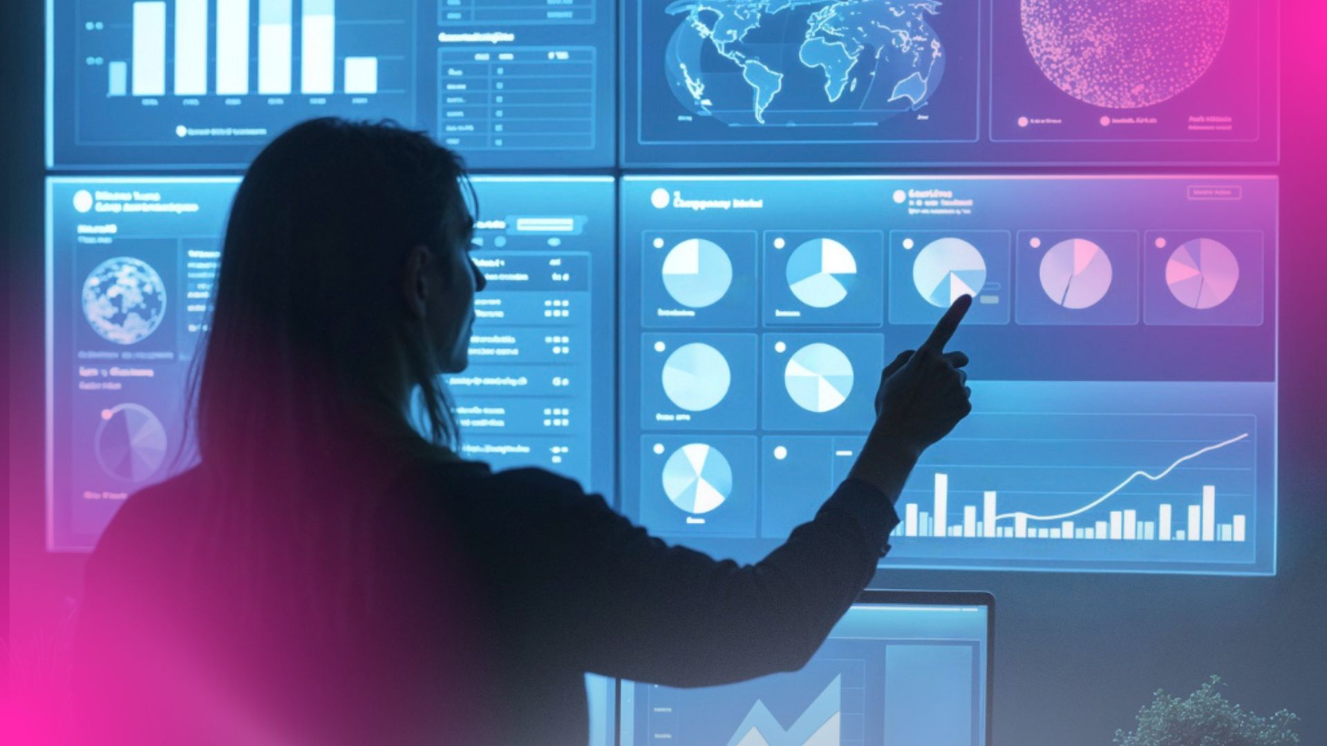 Profissional analisando painéis de dados e gráficos em tempo real, representando o monitoramento de concorrente com apoio de tecnologia.
