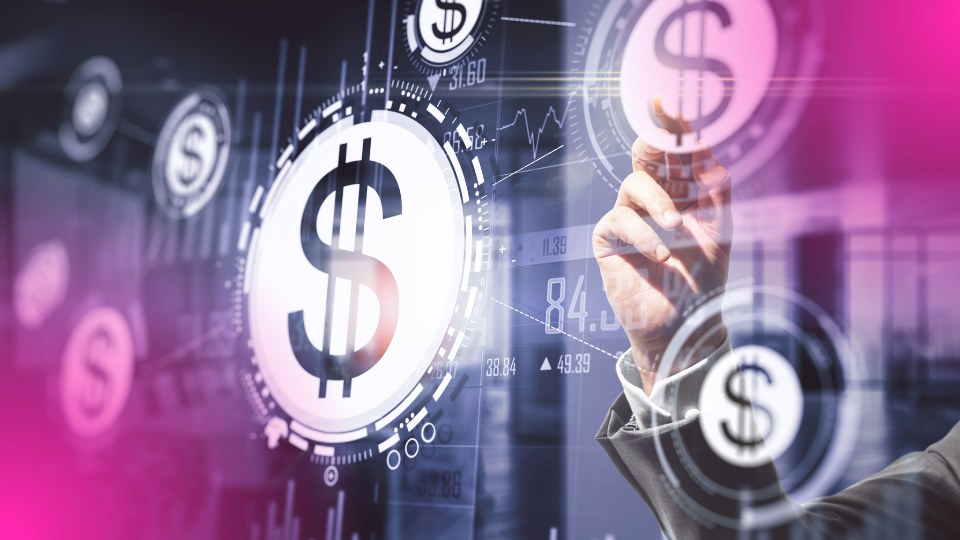 &ldquo;Interface digital com s&iacute;mbolos de d&oacute;lar e gr&aacute;ficos, representando o uso de IA para precifica&ccedil;&atilde;o inteligente.