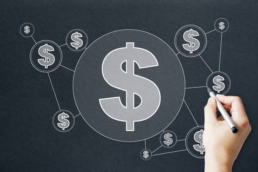 Diagrama de símbolo de dólar conectado a outros menores, ilustrando os custos ao precificar produtos. 